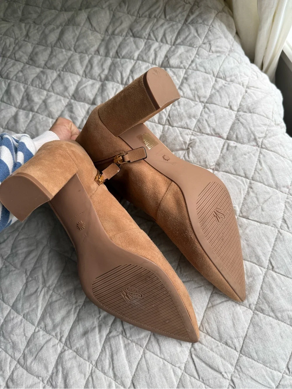 Stuart Weitzman Suede Pointed Toe Ankle Boots in Camel